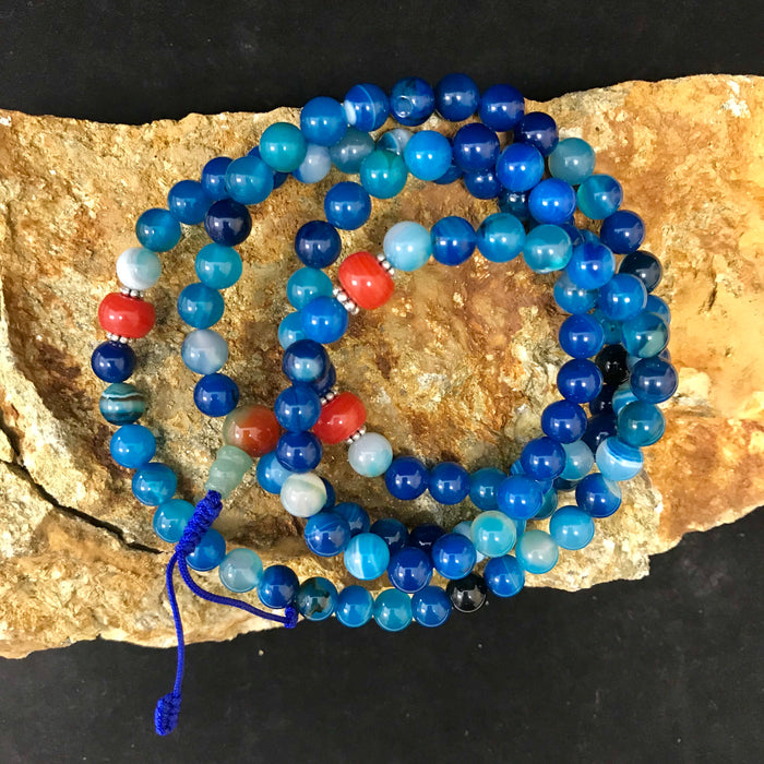 Blue Agate Mala w/Red Coral Style Spacers