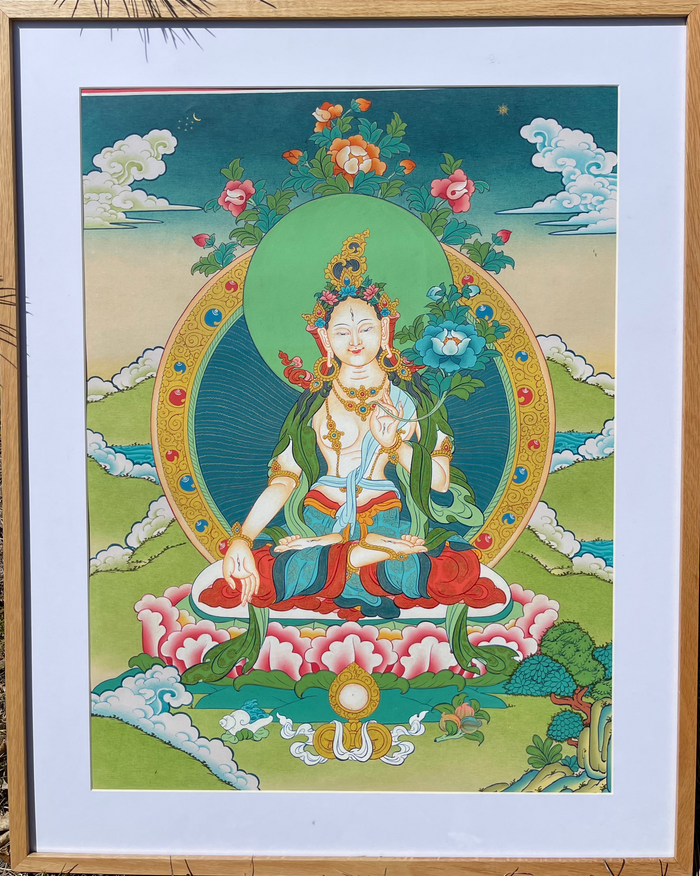 Hand-Painted Framed White Tara Thangka | Bodhisattva of Compassion and Longevity