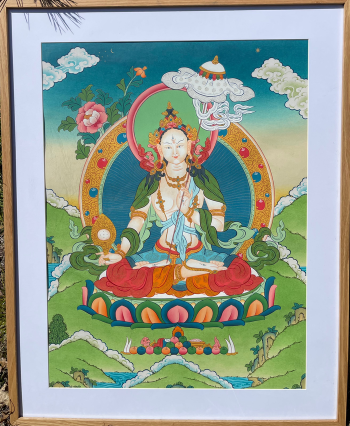 Handpainted Framed White Umbrella Thangka