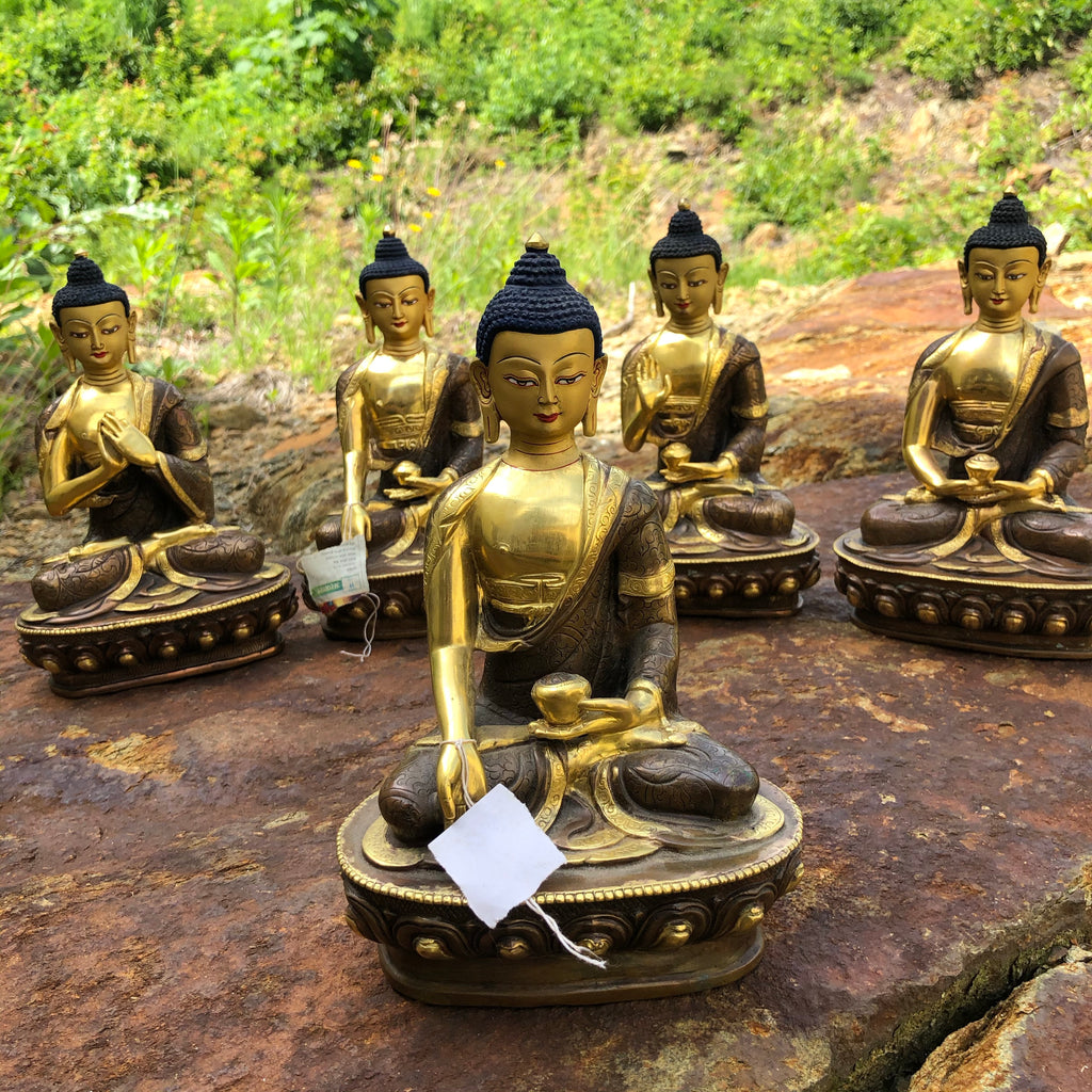 Set of 5 Buddha Statues - 8" Tall, Gold Color