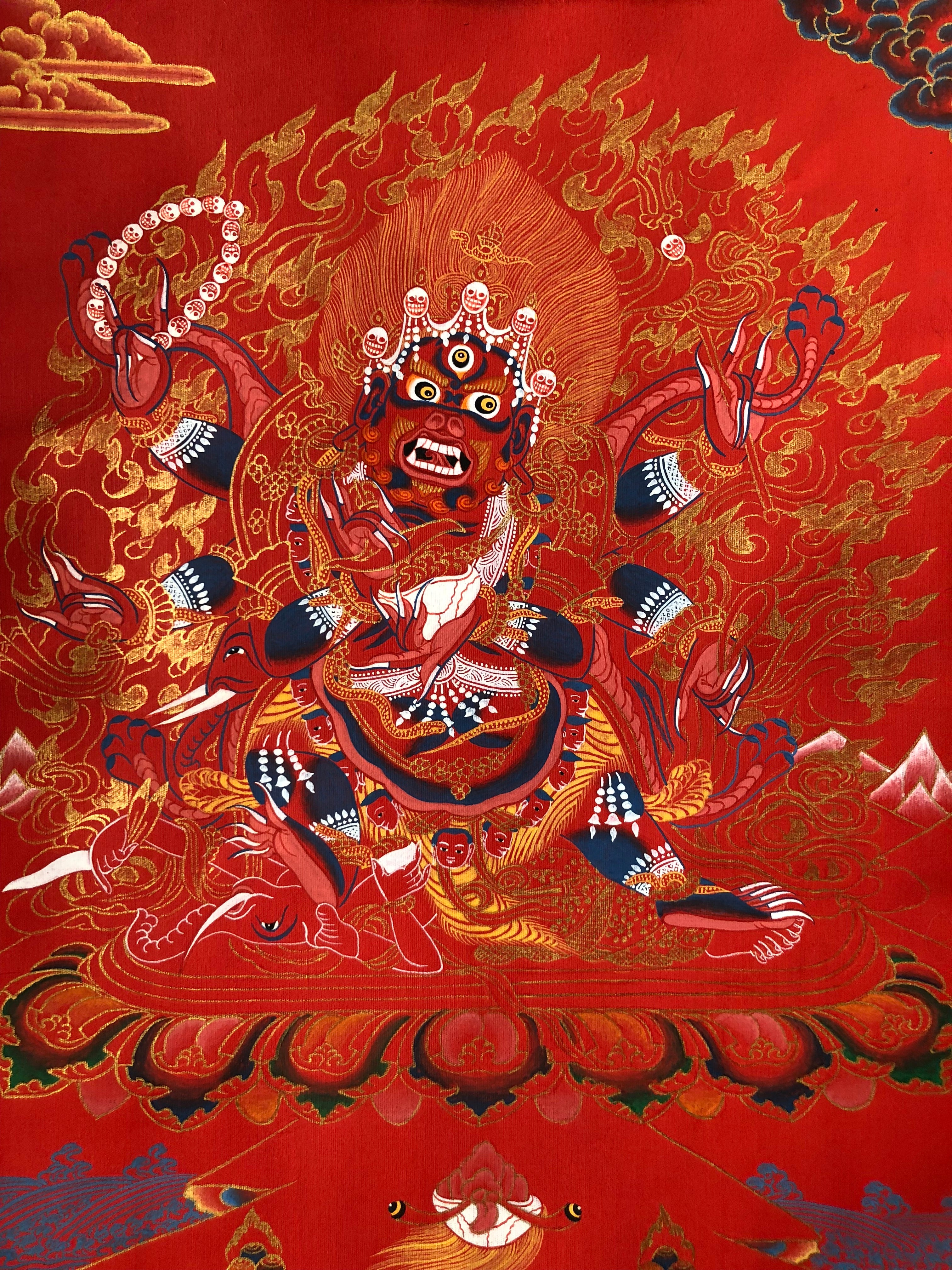 Mahakala 6 Arm Thangka (Hand Painted, 7” x 9”) – Tibetan Spirit